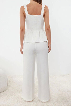 Kadın Geniş Paça Askılı Kol %100 Pamuklu Müslin Fırfır ve Bağlama Detaylı Dokuma Pijama Takımı