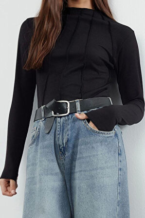 Kadın Standart Bisiklet Yaka Reglan Kol Regular Kalıp Örme Fitted Fermuarlı Biye Fitilli Esnek Bluz