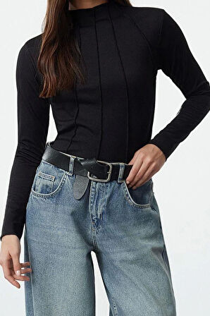 Kadın Standart Bisiklet Yaka Reglan Kol Regular Kalıp Örme Fitted Fermuarlı Biye Fitilli Esnek Bluz