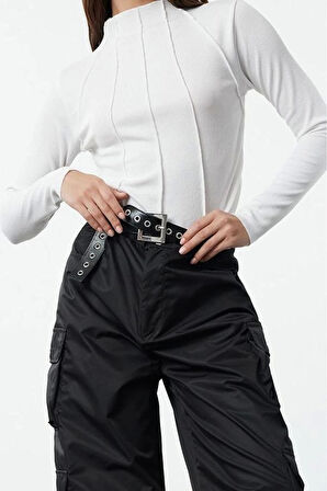 Kadın Standart Bisiklet Yaka Reglan Kol Regular Kalıp Örme Fitted Fermuarlı Biye Fitilli Esnek Bluz