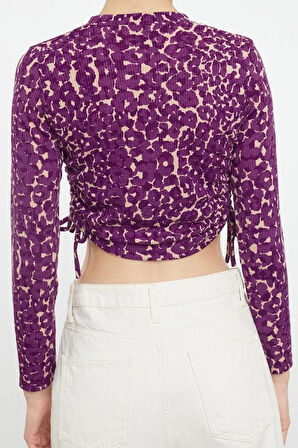 Kadın Moda Şık Standart Bisiklet Yaka Slim Kalıp Örme Baskılı Fitted Büzgü Drape Detaylı Esnek Bluz