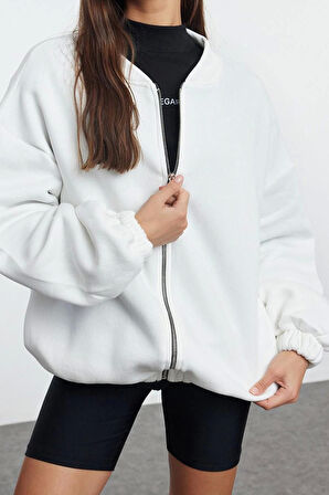 Kadın Oversize Bisiklet Yaka Düşük Kol Uzun Fermuarlı Geniş Kalıp Kalın İçi Polarlı Örme Sweatshirt