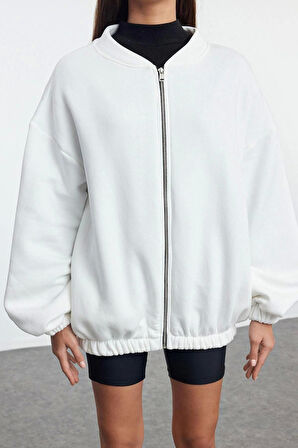 Kadın Oversize Bisiklet Yaka Düşük Kol Uzun Fermuarlı Geniş Kalıp Kalın İçi Polarlı Örme Sweatshirt