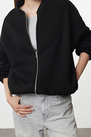 Kadın Oversize Bisiklet Yaka Düşük Kol Uzun Fermuarlı Geniş Kalıp Kalın İçi Polarlı Örme Sweatshirt