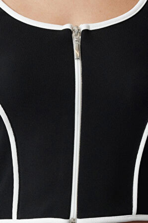 Kadın Standart Fermuarlı Yaka Regular Kalıp Örme Kontrast Biye Fitted Vücuda Oturan Esnek Bluz