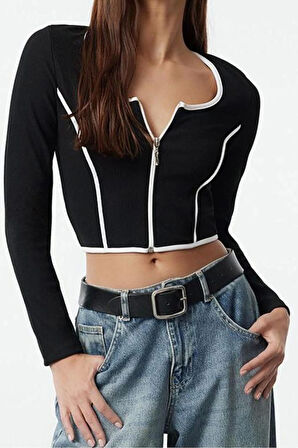 Kadın Standart Fermuarlı Yaka Regular Kalıp Örme Kontrast Biye Fitted Vücuda Oturan Esnek Bluz
