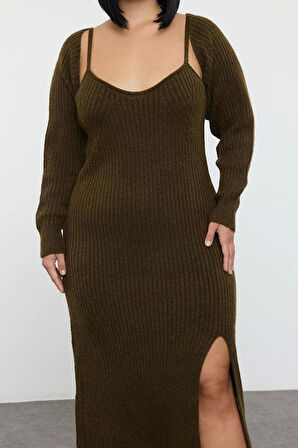 Kadın Moda Şık Büyük Beden Midi Boy Kalp Yaka Fitted Fitilli Yırtmaçlı Triko Elbise&Bolero Takım