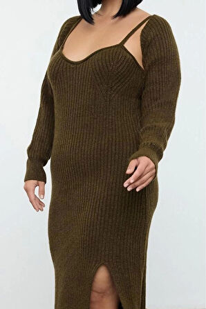 Kadın Moda Şık Büyük Beden Midi Boy Kalp Yaka Fitted Fitilli Yırtmaçlı Triko Elbise&Bolero Takım