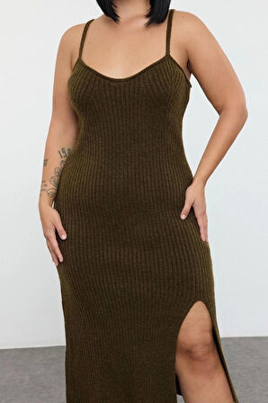 Kadın Moda Şık Büyük Beden Midi Boy Kalp Yaka Fitted Fitilli Yırtmaçlı Triko Elbise&Bolero Takım