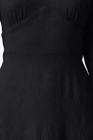 Kadın Moda Şık Midi Boy V Yaka Regular Belden Açılan Korsaj Detaylı Dokuma Elbise