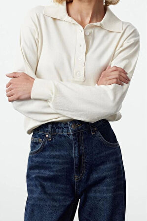 Kadın Moda Şık Polo Yaka Standart Kol Regular İnce Triko Kazak