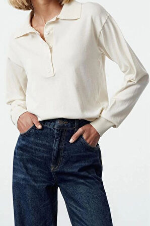 Kadın Moda Şık Polo Yaka Standart Kol Regular İnce Triko Kazak