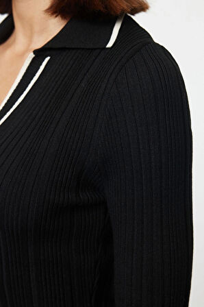 Kadın Moda Şık Midi Boy Polo Yaka Slim Taş Renk Bloklu Triko Premium İplik Özel İplik Elbise