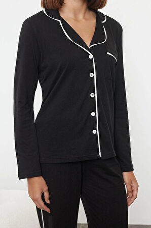 Kadın Moda Şık Gömlek Yaka Boru Paça Uzun Kol %100 Pamuklu Biyeli Örme Pijama Takımı