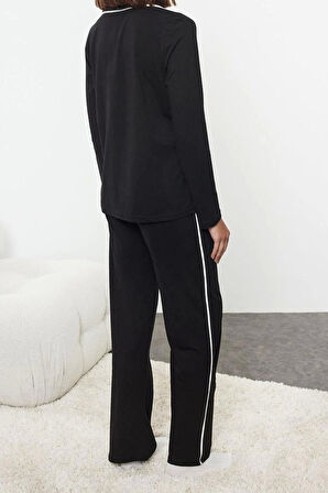 Kadın Moda Şık Gömlek Yaka Boru Paça Uzun Kol %100 Pamuklu Biyeli Örme Pijama Takımı