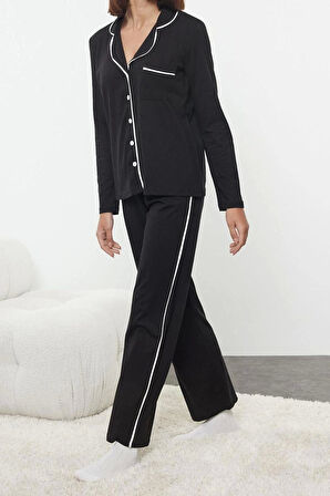 Kadın Moda Şık Gömlek Yaka Boru Paça Uzun Kol %100 Pamuklu Biyeli Örme Pijama Takımı