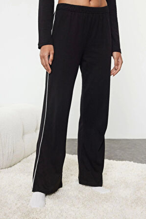 Kadın Moda Şık Gömlek Yaka Boru Paça Uzun Kol %100 Pamuklu Biyeli Örme Pijama Takımı