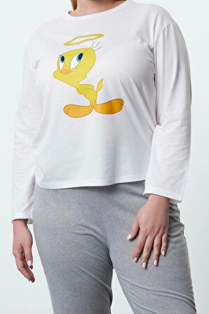 Kadın Moda Şık Büyük Beden Bisiklet Yaka Boru Paça Uzun Kol Tweety Örme Pijama Takımı