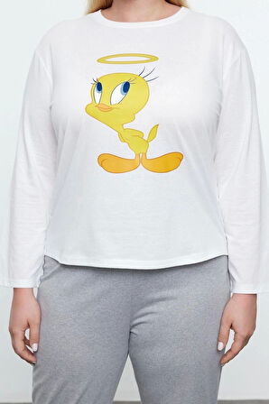 Kadın Moda Şık Büyük Beden Bisiklet Yaka Boru Paça Uzun Kol Tweety Örme Pijama Takımı