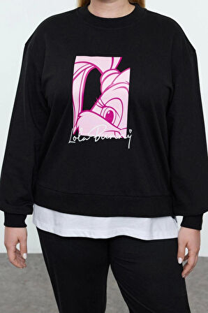 Kadın Büyük Beden Regular Bisiklet Yaka Standart Kol Regular Lola Bunny Lisanslı Örme Sweatshirt