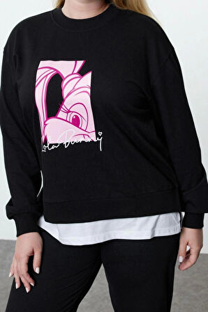 Kadın Büyük Beden Regular Bisiklet Yaka Standart Kol Regular Lola Bunny Lisanslı Örme Sweatshirt