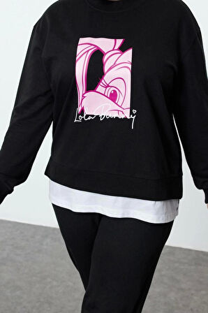 Kadın Büyük Beden Regular Bisiklet Yaka Standart Kol Regular Lola Bunny Lisanslı Örme Sweatshirt