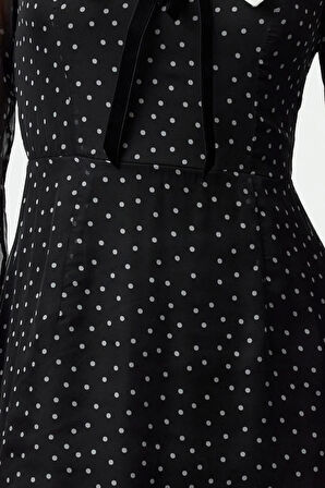 Kadın Moda Şık Mini Boy V Yaka Regular Yaka Detaylı Fiyonklu Şifon Dokuma Elbise