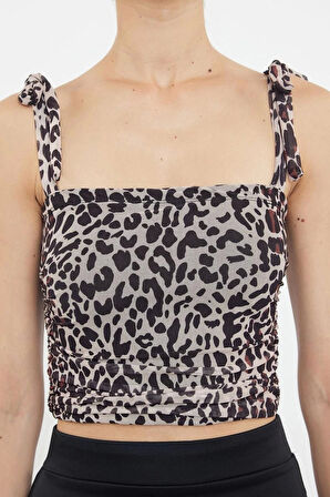 Kadın Moda Şık Crop Kare Yaka Slim Kalıp Örme Animal Leopar Desenli Bağlama Detaylı Esnek Bluz