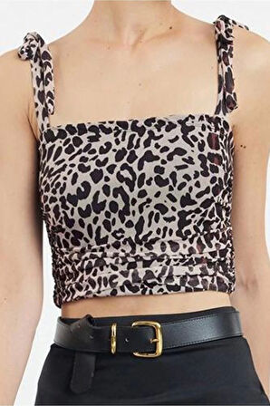 Kadın Moda Şık Crop Kare Yaka Slim Kalıp Örme Animal Leopar Desenli Bağlama Detaylı Esnek Bluz