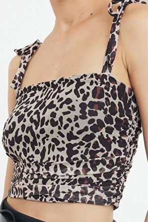 Kadın Moda Şık Crop Kare Yaka Slim Kalıp Örme Animal Leopar Desenli Bağlama Detaylı Esnek Bluz