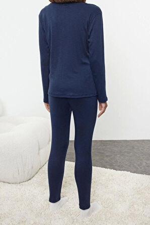 Kadın Moda Şık V Yaka Boru Paça Uzun Kol Gül Aksesuarlı Fitilli Örme Pijama Takımı