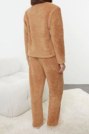 Kadın Moda Şık Bisiklet Yaka Boru Paça Uzun Kol Hayvan Nakışlı Wellsoft Kışlık Örme Pijama Takımı