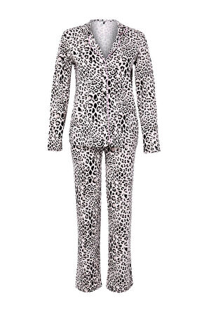 Kadın Boru Paça Uzun Kol Leopar Desenli Kurdele Fiyonklu Biyeli Gömlek Pantolon Pijama Takımı