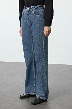 Kadın Moda Şık Kot Pantolon Geniş Paça Uzun Boy Denim Mavi Yüksek Bel Jeans