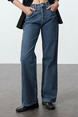 Kadın Moda Şık Kot Pantolon Geniş Paça Uzun Boy Denim Mavi Yüksek Bel Jeans