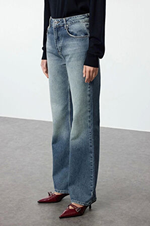 Kadın Moda Şık Kot Pantolon Boru Paça Uzun Boy Denim Soluk Vintage Yüksek Bel Jeans