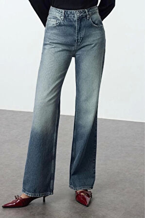Kadın Moda Şık Kot Pantolon Boru Paça Uzun Boy Denim Soluk Vintage Yüksek Bel Jeans