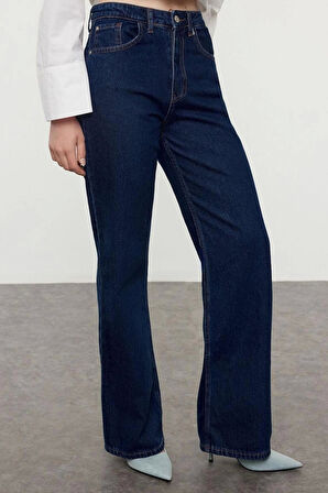 Kadın Moda Şık Kot Pantolon Geniş Paça Uzun Boy Denim Mavi Yüksek Bel Jeans