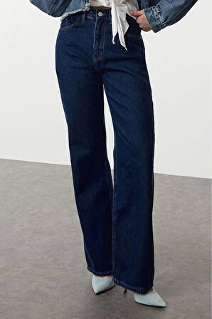 Kadın Moda Şık Kot Pantolon Geniş Paça Uzun Boy Denim Mavi Yüksek Bel Jeans
