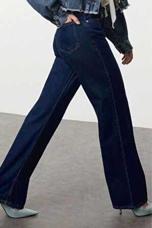 Kadın Moda Şık Kot Pantolon Geniş Paça Uzun Boy Denim Mavi Yüksek Bel Jeans