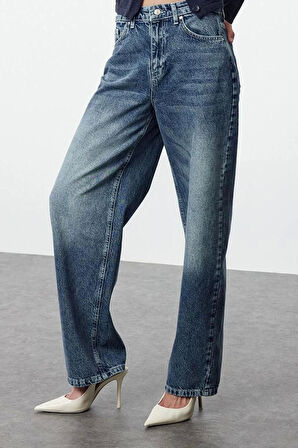 Kadın Moda Şık Kot Pantolon Geniş Paça Uzun Boy Denim Mavi Yüksek Bel Jeans