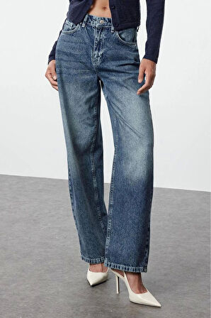 Kadın Moda Şık Kot Pantolon Geniş Paça Uzun Boy Denim Mavi Yüksek Bel Jeans