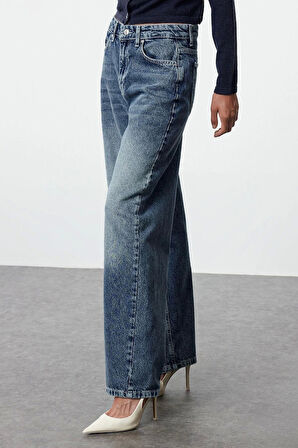 Kadın Moda Şık Kot Pantolon Geniş Paça Uzun Boy Denim Mavi Yüksek Bel Jeans