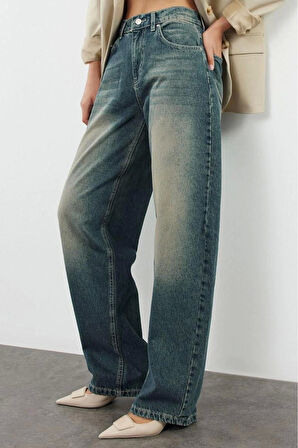 Kadın Moda Şık Kot Pantolon Geniş Paça Uzun Boy Denim Soluk Vintage Normal Bel Skater Jeans