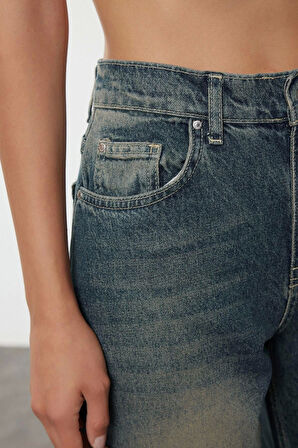 Kadın Moda Şık Kot Pantolon Geniş Paça Uzun Boy Denim Soluk Vintage Normal Bel Skater Jeans