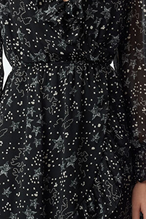 Kadın Moda Şık Mini Boy Kruvaze Regular A Kesim Geometrik Desenli Fırfırlı Şifon Dokuma Elbise