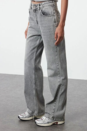 Kadın Moda Şık Kot Pantolon Geniş Paça Uzun Boy Denim Gri Yüksek Bel Jeans