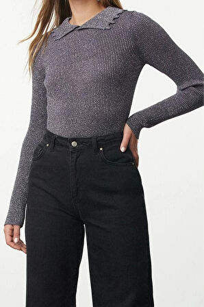 Kadın Moda Şık Polo Yaka Standart Kol Regular Fitilli Triko Kazak