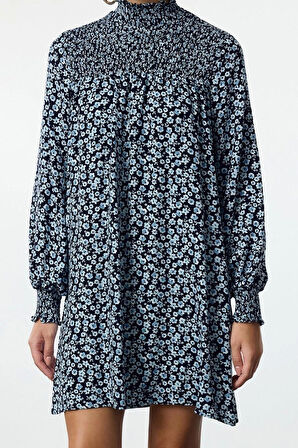 Kadın Moda Şık Mini Boy Dik Yaka Regular Düz Kesim Gipeli Dokuma Elbise