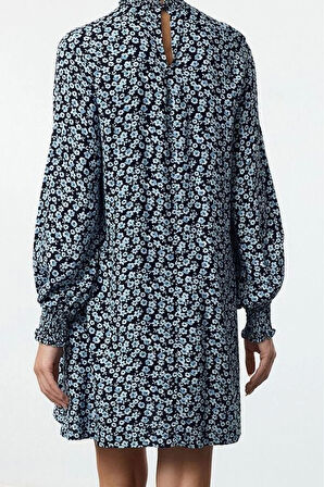 Kadın Moda Şık Mini Boy Dik Yaka Regular Düz Kesim Gipeli Dokuma Elbise